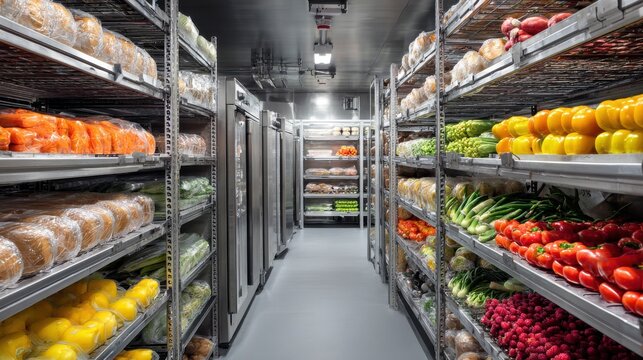 Stunning photo of walk-in industrial refrigerator with rows of neatly arranged produce and bread, clean and organized, stainless steel shelving, large-scale food storage.
