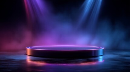 The circular platform, glowing with a blue and purple gradient on the dark blue background.