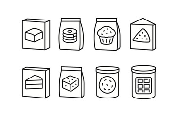 Food packaging outline icon set. snacks, groceries, bakery icons collection