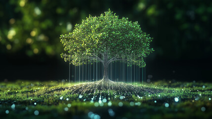Digital Tree of Light, Glowing Nature in Pixels