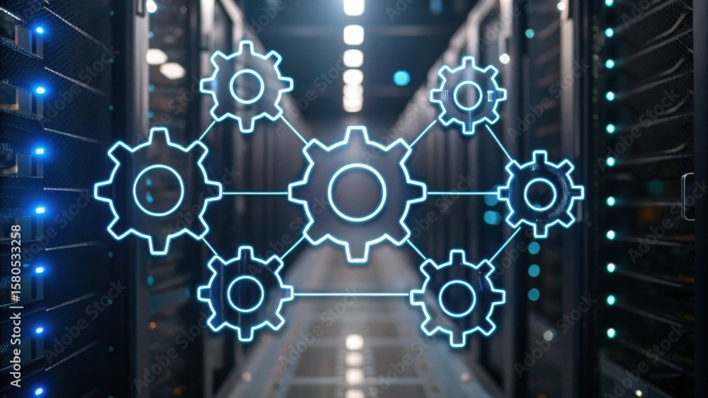 Poster a digital illustration of interconnected gears over a blurred server room, representing technology, 