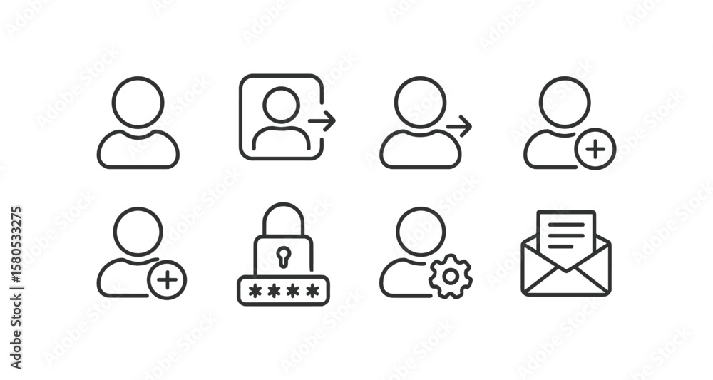 Poster user profile linear icon set for contacts, authentication, and messaging