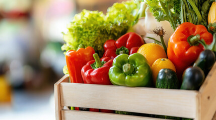Fresh vegetables in wooden crate, including bell peppers, cucumbers, and leafy greens, create vibrant and healthy display