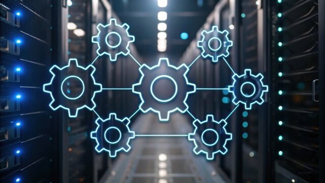 A digital illustration of interconnected gears over a blurred server room, representing technology, networking, and system integration.