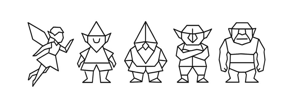 Fairy tale characters outline icon set. magical creatures in linear style