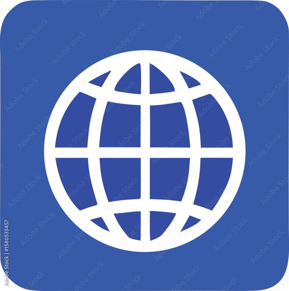 Poster a simple clean white globe icon with a grid pattern is centered on a vibrant blue square background 