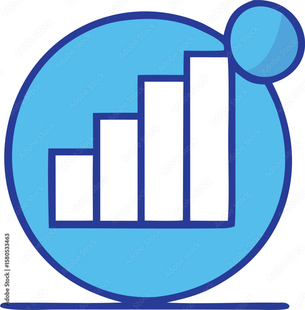Poster simple blue circular icon with a rising bar graph symbolizing growth and progress in business and fi