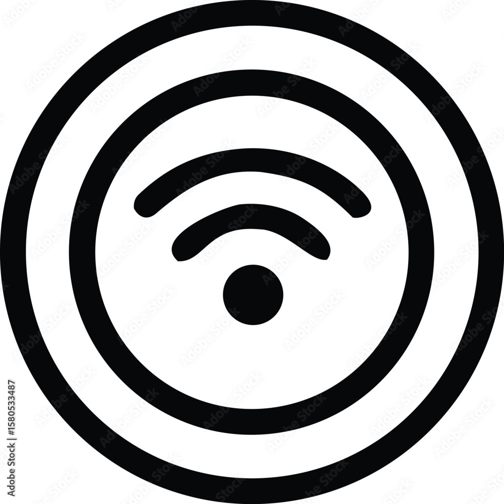 Poster a simple black and white icon representing a wi fi signal with concentric circles and curved signal 