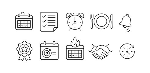 Time management outline icon set for planning, scheduling, and productivity
