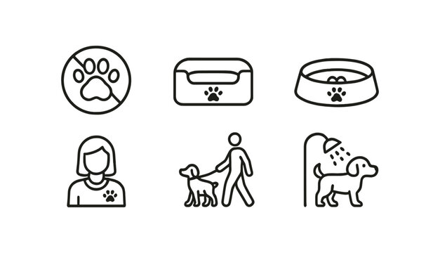 Pet care line icon set. grooming, walking, feeding essentials in linear style