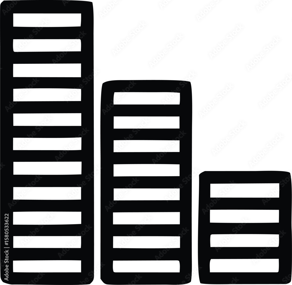 Poster simple black and white graphic representing a descending bar chart with three distinct bars of decre