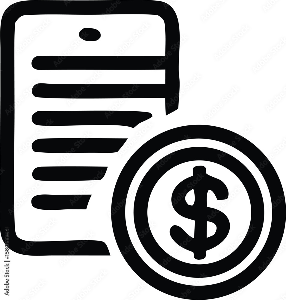 Poster simple hand drawn icon representing a document or paper with lines next to a coin featuring a dollar