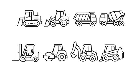 Construction machinery icon set. bulldozer, tractor, dump truck, loader icons in line style