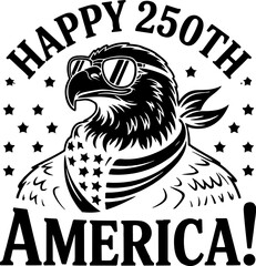 Black and white illustration of an eagle wearing sunglasses and a bandana with American flag pattern