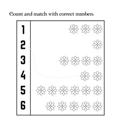 Black and white task for children. Flowers. Count and match with correct numbers. Puzzle template "How many?" in outline. Vector illustration. EPS 10