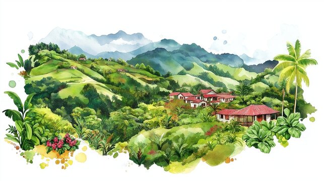 Coffee Cultural Landscape - Eje Cafetero. Coffee Cultural Landscape - Eje Cafetero hand drawn watercolor illustration