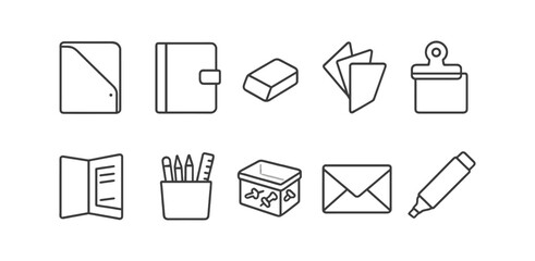 Office supplies outline icon set. stationery, organization in line art style