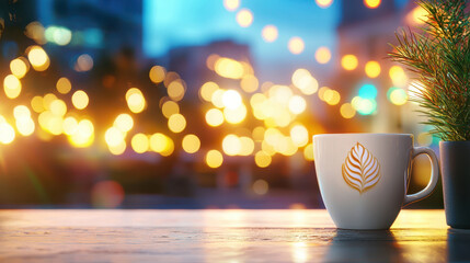 Cozy cafe scene featuring white coffee cup with leaf design, surrounded by warm bokeh lights and greenery, creating vibrant atmosphere