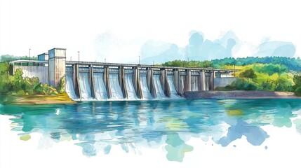 Itaipu Dam. Itaipu Dam hand drawn watercolor illustration