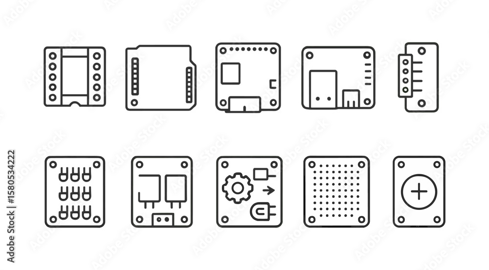 Aufkleber technology, electronics line icon set. digital, circuit component outline collection