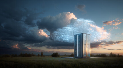 Server Rack in Grassy Field at Sunset, Cloud Computing Visualization Above Server Rack