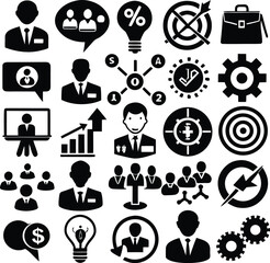 Collection of business and corporate icons representing teamwork growth strategy and ideas in a professional setting