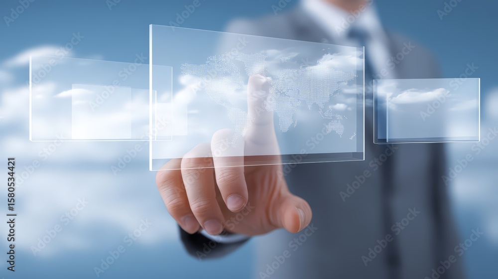 Poster a businessman interacts with digital interfaces in a cloud environment.