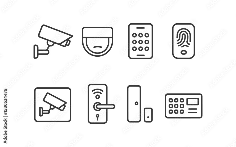 Poster security and surveillance line icon set. monitoring and access control outline collection