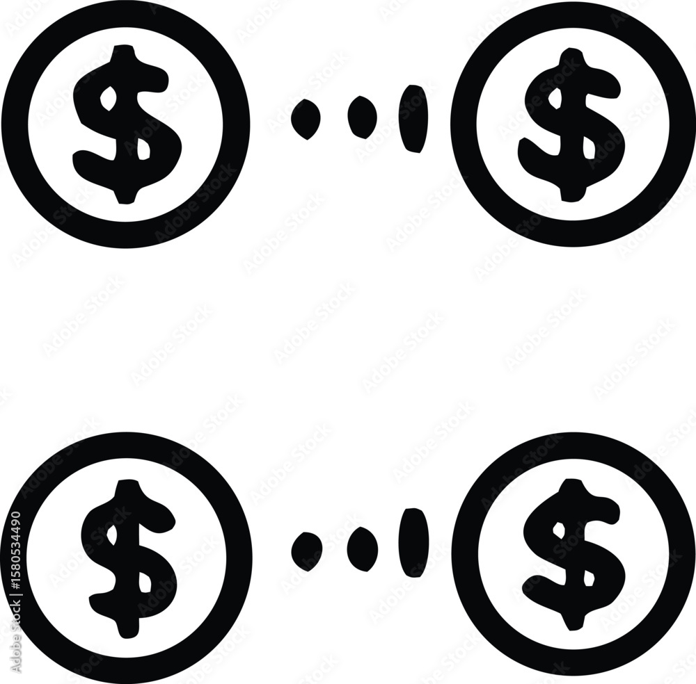 Poster two pairs of dollar coins connected by dotted lines symbolizing financial transactions or currency e