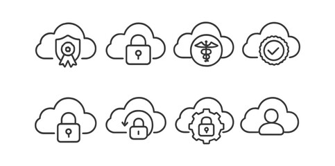 Fototapeta premium Cloud security outline icon set. lock, shield, privacy, data protection outline collection