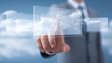 A businessman interacts with digital interfaces in a cloud environment.