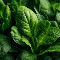 Obraz premium Closeup of Fresh Green Spinach Leaves with Dew Drops