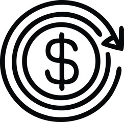 Circular arrow around a dollar sign representing financial return investment cycle or money circulation and growth