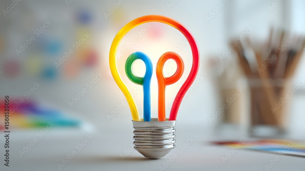 Poster a colorful light bulb with scissors representing creativity and innovation.