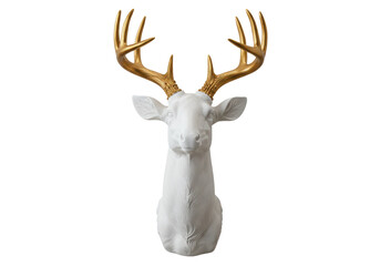 Isolated White Deer Head Sculpture with Golden Antlers