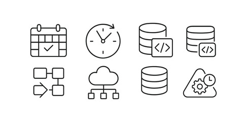 Business and technology line icon set: calendar, database, workflow icons collection