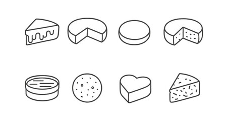 Cheese, desserts line icon set. gourmet, dairy, sweet treats outline collection