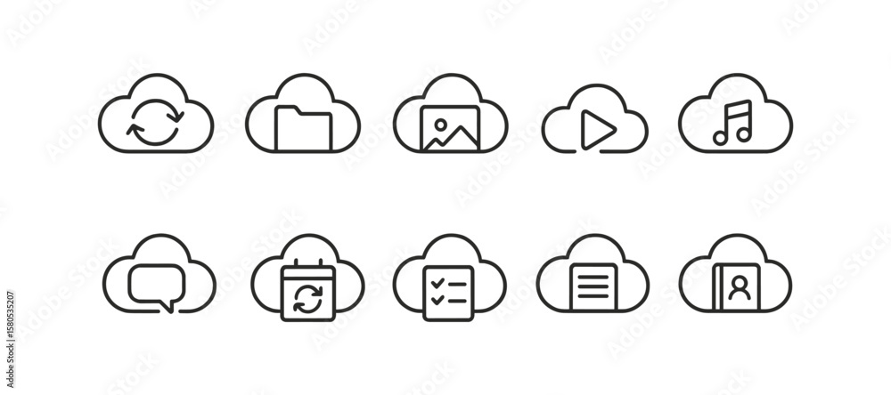 Poster cloud computing outline icon set. digital, storage, data linear icons collection
