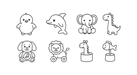 Animal and toy icon set. cute, outline style for kids' themes and playful designs