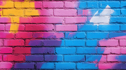 Vibrant street art on brick wall showcases colorful blend of pink, blue, and yellow hues, creating energetic and lively atmosphere