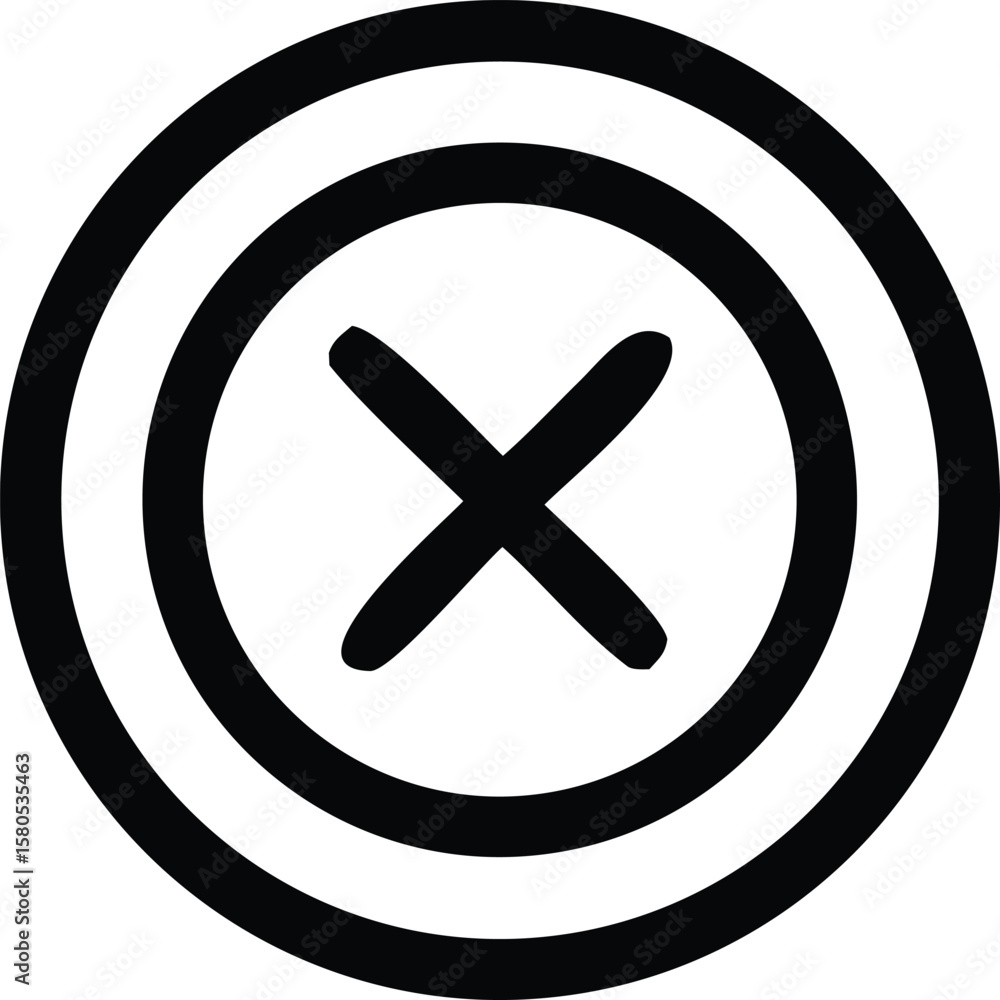 Poster a black cross symbol is centered within concentric black circles on a white background representing 