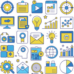 A vibrant collection of hand drawn business and technology icons in blue and yellow representing data analysis strategy and innovation