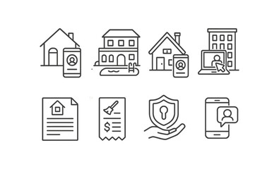 Fototapeta premium Real estate, property line icon set. home, house, documents linear icons collection