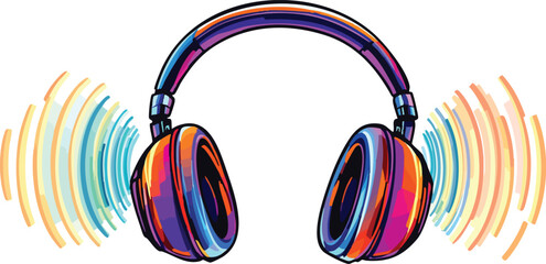 Colorful pop art headphones with sound waves illustrating music and audio.