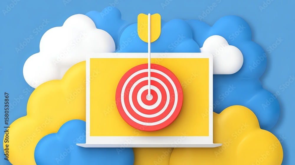 Poster a digital representation of a target on a laptop with colorful clouds.