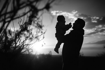 Father Lifts Child at Sunset Silhouette