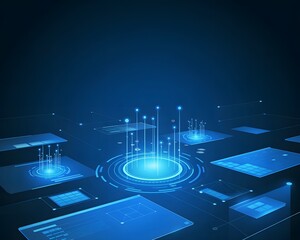 Blue Technology Backdrop with Floating Holographic Data Points, Interconnected Network Nodes, and Futuristic Digital User Interface Elements