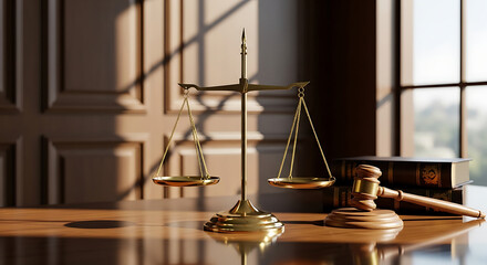 A golden balance scale and gavel sit on a wooden desk.
