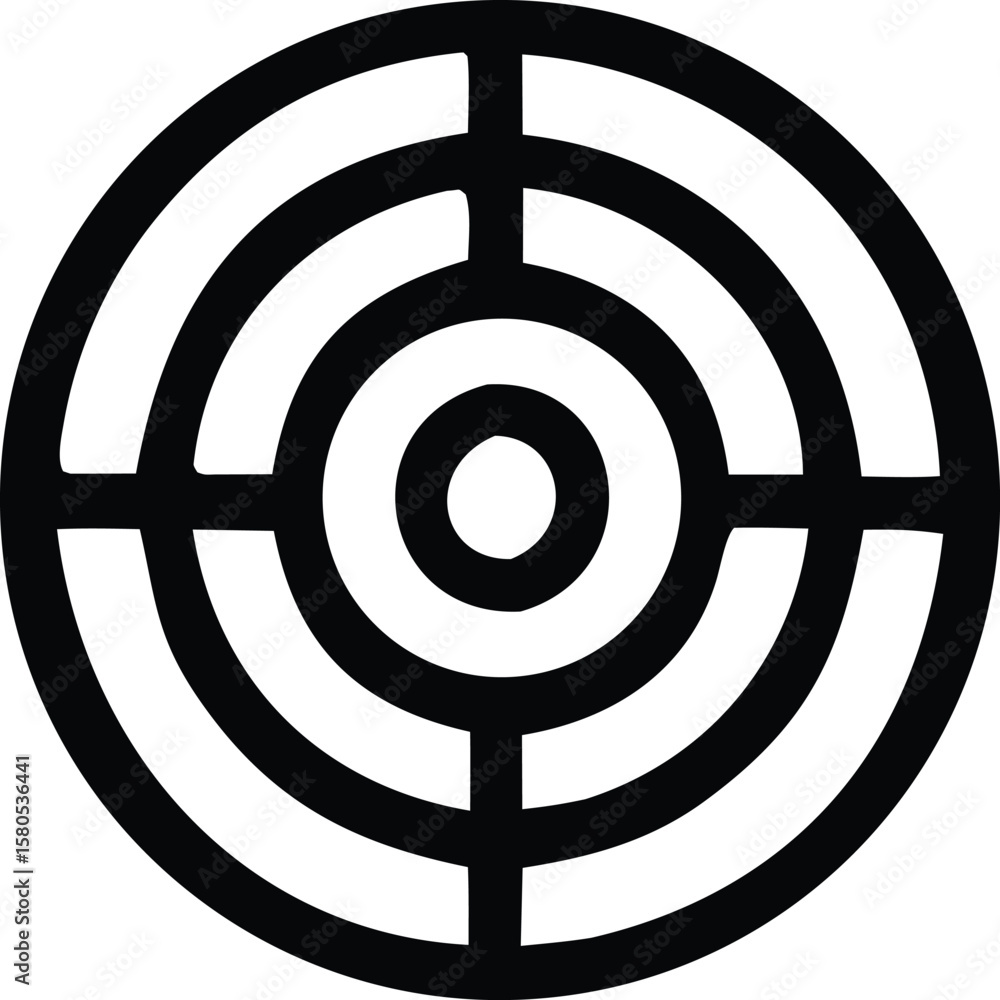 Poster abstract black and white concentric circles intersecting with horizontal and vertical lines creating