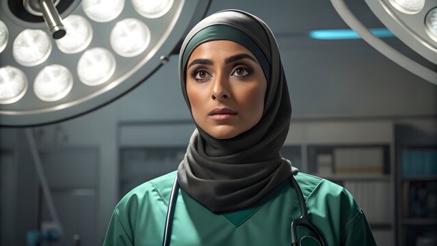 Focused muslim female surgeon wearing hijab and scrubs with stethoscope in operating room